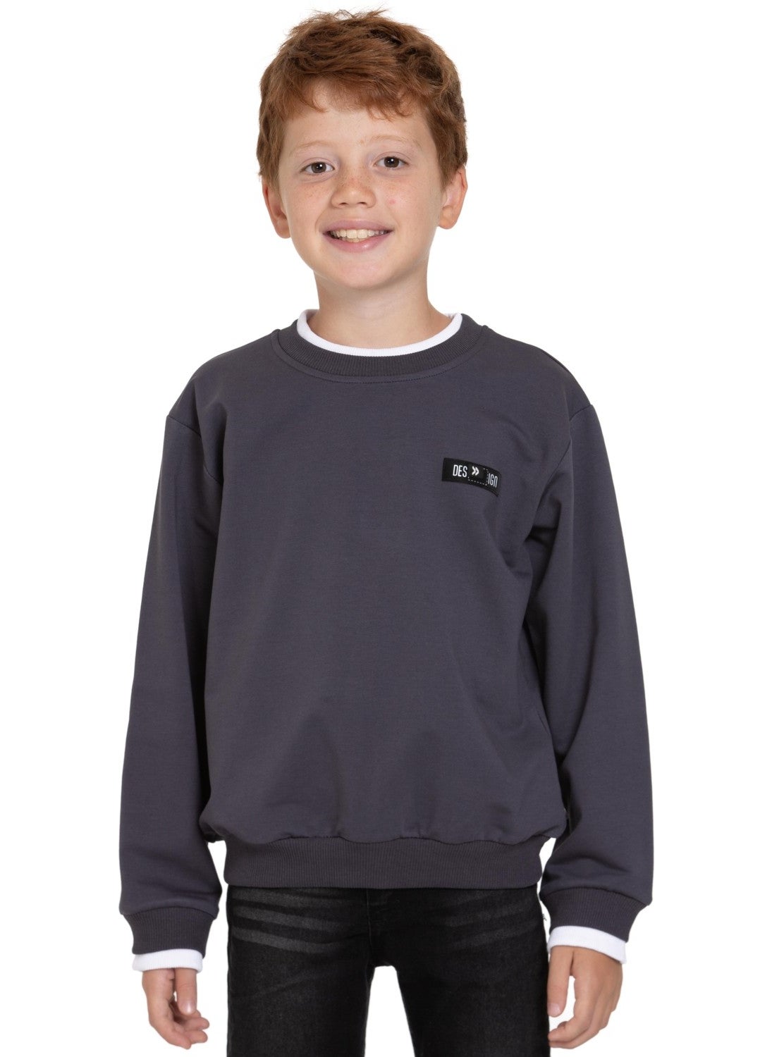 Smoke Color Boy's Sweatshirt with Garnished Collar and Sleeves