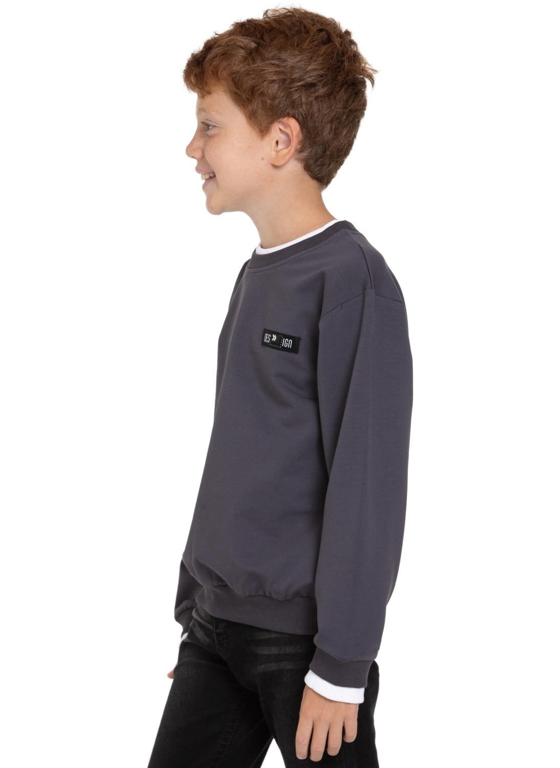 Smoke Color Boy's Sweatshirt with Garnished Collar and Sleeves