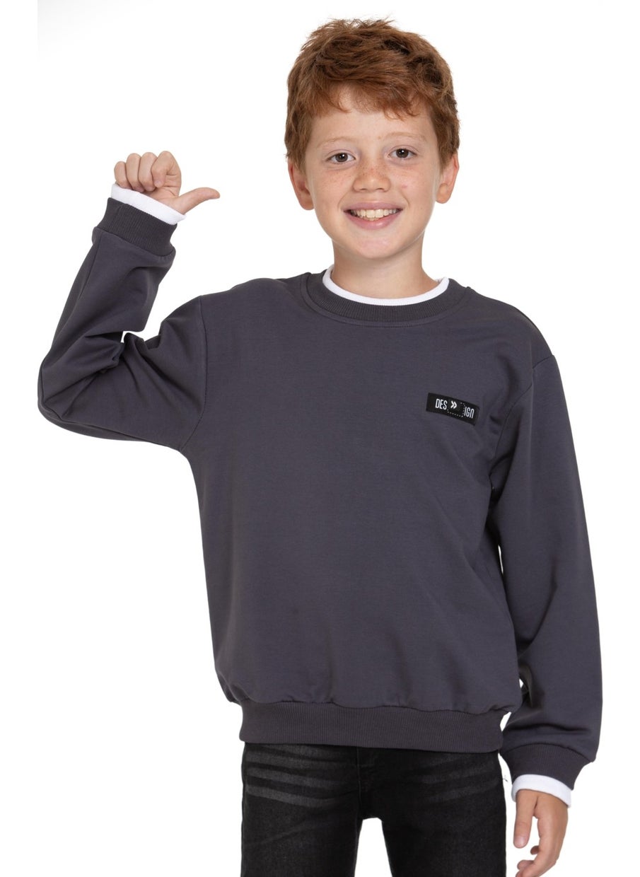 Smoke Color Boy's Sweatshirt with Garnished Collar and Sleeves