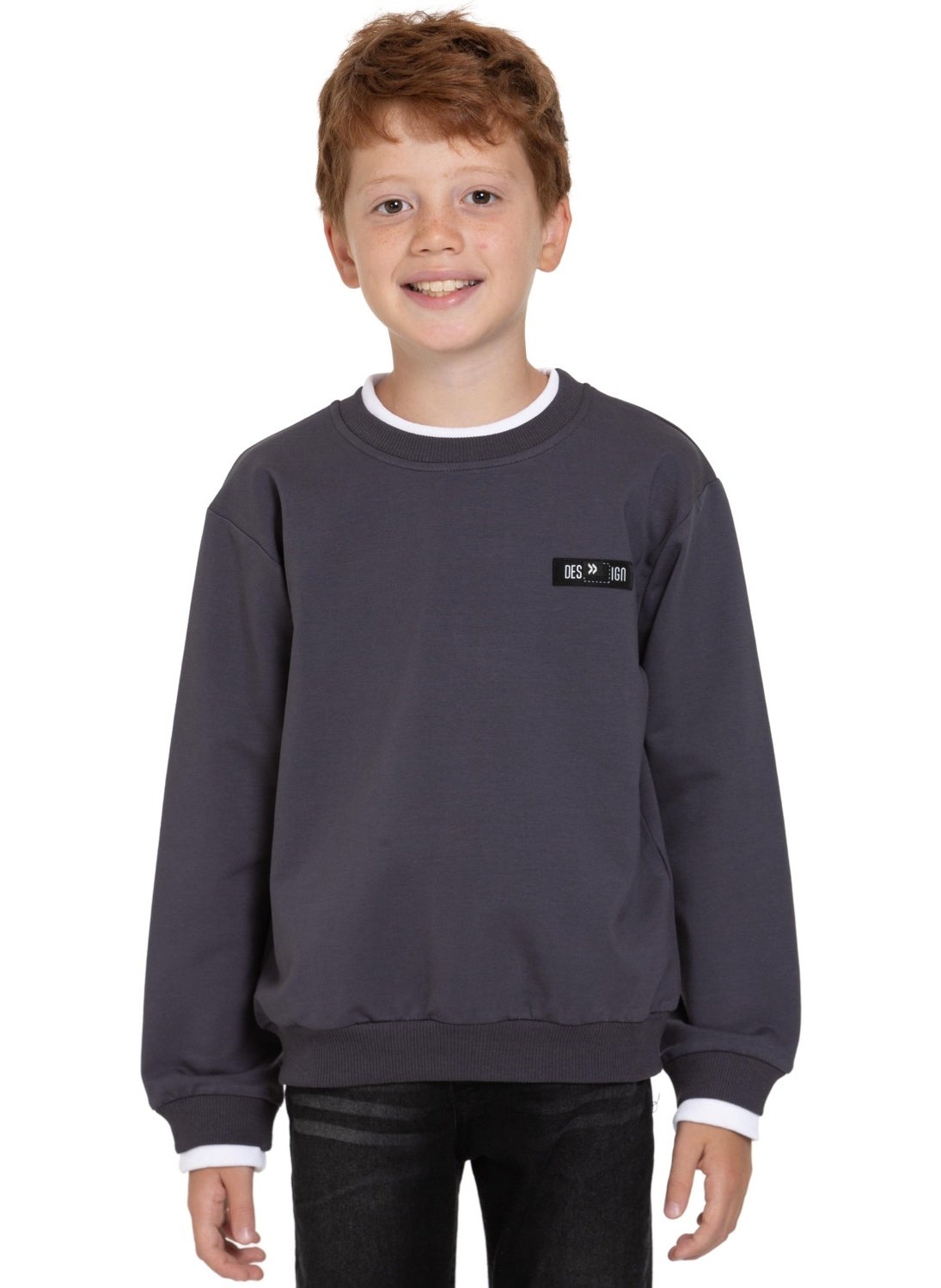 Smoke Color Boy's Sweatshirt with Garnished Collar and Sleeves