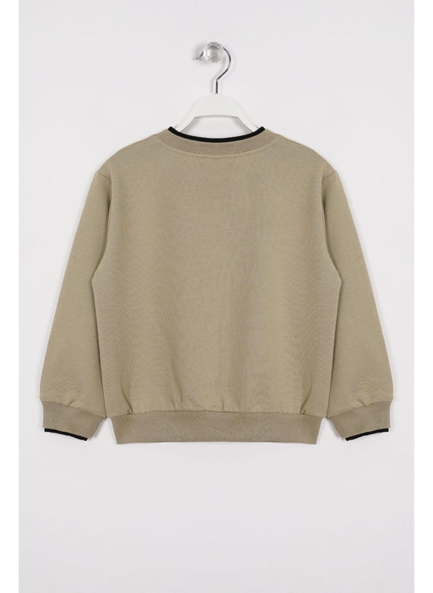 Khaki Color Boy's Sweatshirt with Garnished Collar and Sleeves