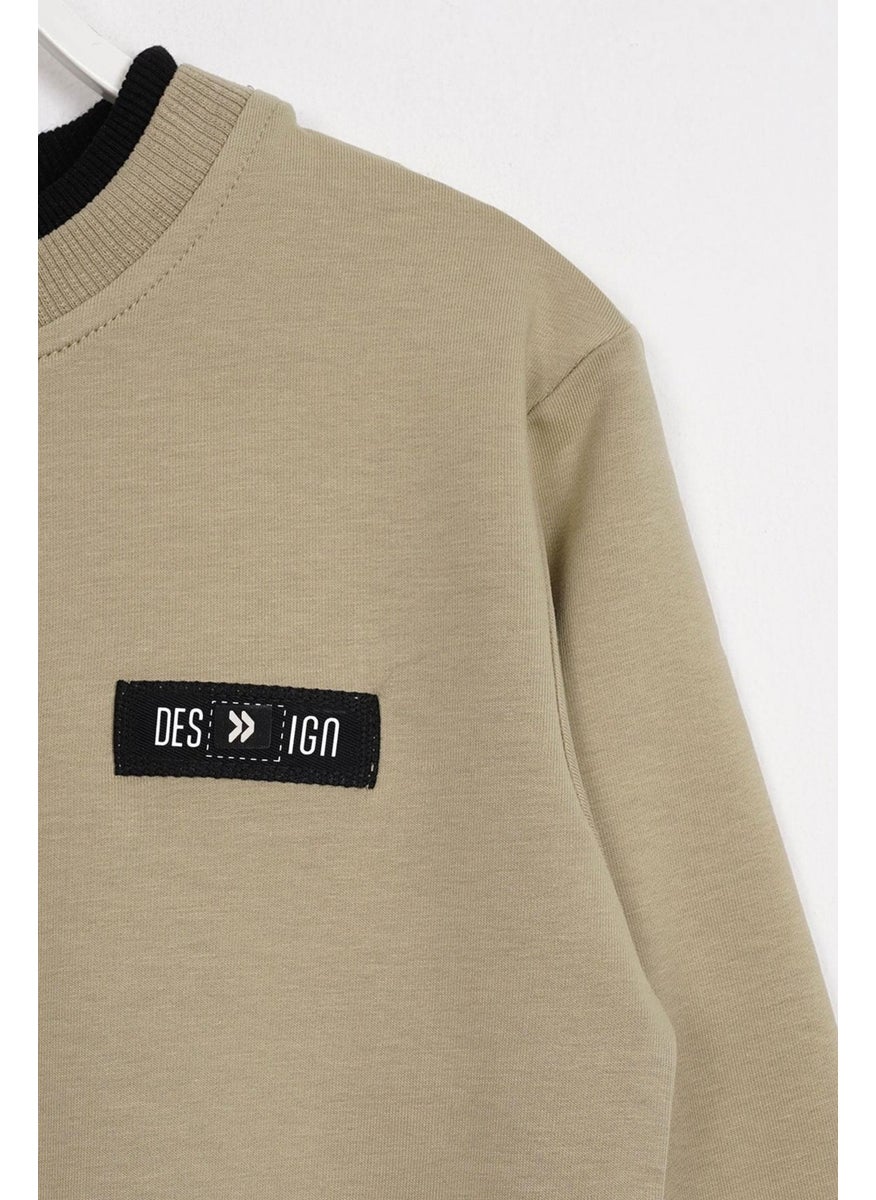 Khaki Color Boy's Sweatshirt with Garnished Collar and Sleeves