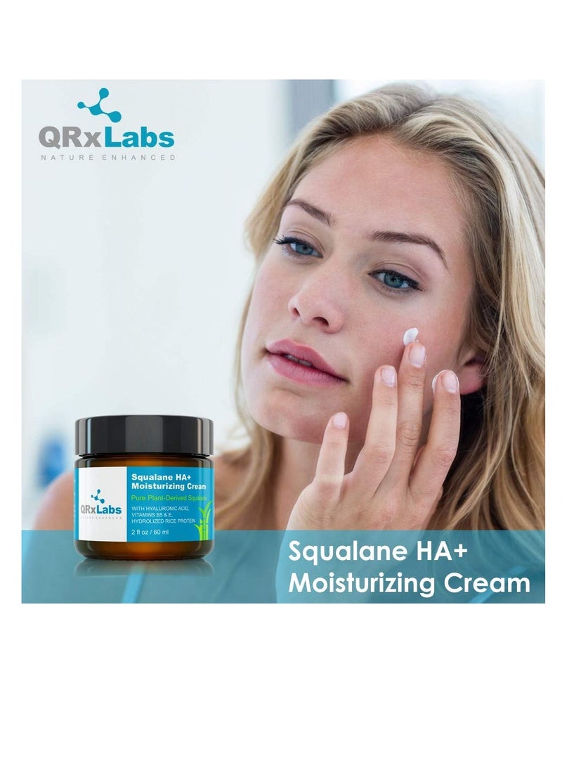 QRxLabs Plant-Based Squalane HA+ Moisturizing Cream with Hyaluronic Acid - Organic ECOCERT Approved USDA Certified Squalane Derived from Sugarcane - Moisturizer for Face, Body & Skin - 2 Fl Oz / 60 ml