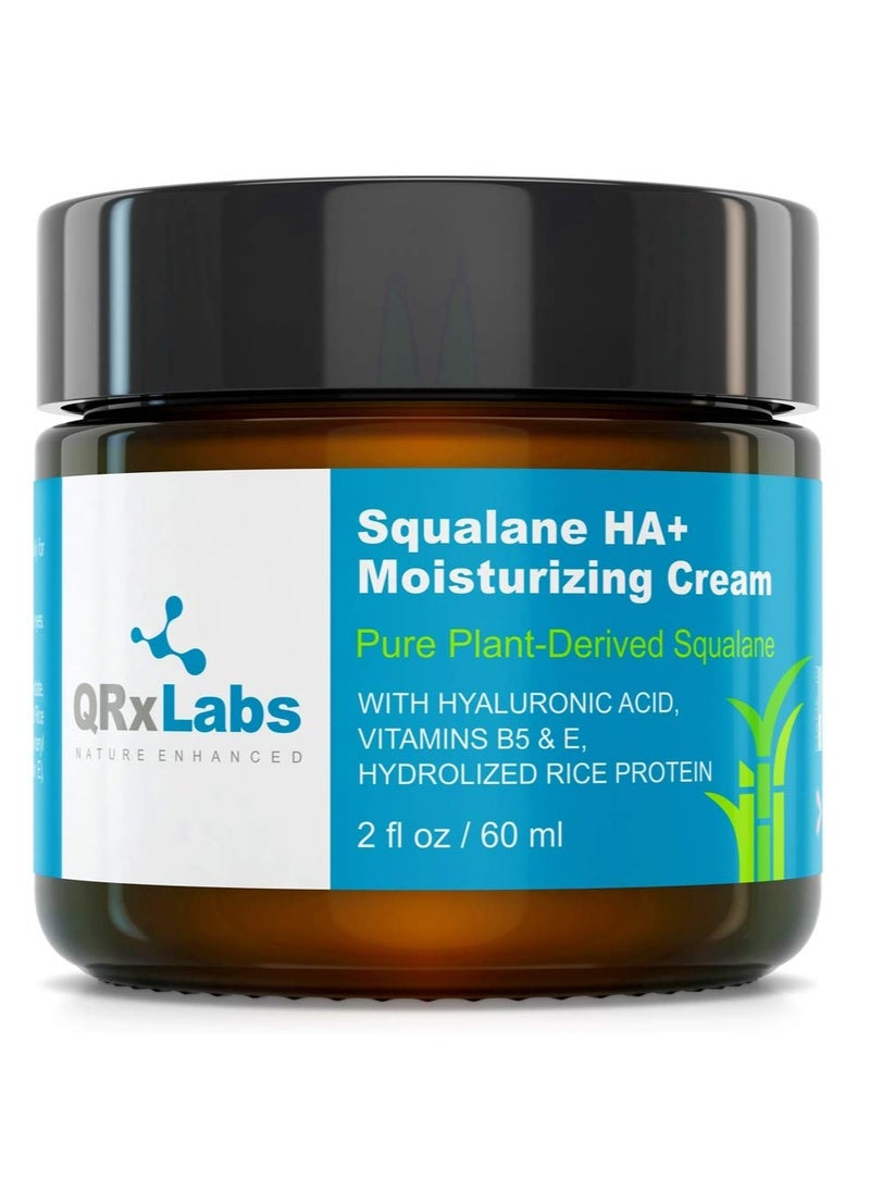 QRxLabs Plant-Based Squalane HA+ Moisturizing Cream with Hyaluronic Acid - Organic ECOCERT Approved USDA Certified Squalane Derived from Sugarcane - Moisturizer for Face, Body & Skin - 2 Fl Oz / 60 ml