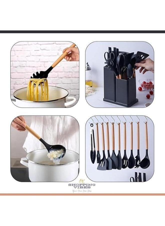 Premium Black Silicone Cooking Utensils, Non-stick Kitchen Utensil Set, Wooden Handle Non Toxic BPA FreeKitchen Utensil Set 19 Piece  Cooking Tools Kit Includes Knives, Spatulas, Spoons, Ladles for Professional Chefs or Home Cooks