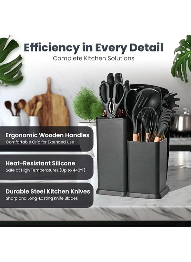 Premium Black Silicone Cooking Utensils, Non-stick Kitchen Utensil Set, Wooden Handle Non Toxic BPA FreeKitchen Utensil Set 19 Piece  Cooking Tools Kit Includes Knives, Spatulas, Spoons, Ladles for Professional Chefs or Home Cooks