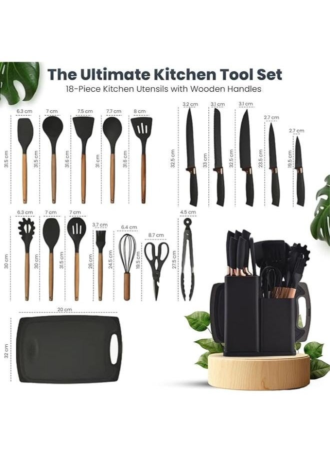 Premium Black Silicone Cooking Utensils, Non-stick Kitchen Utensil Set, Wooden Handle Non Toxic BPA FreeKitchen Utensil Set 19 Piece  Cooking Tools Kit Includes Knives, Spatulas, Spoons, Ladles for Professional Chefs or Home Cooks