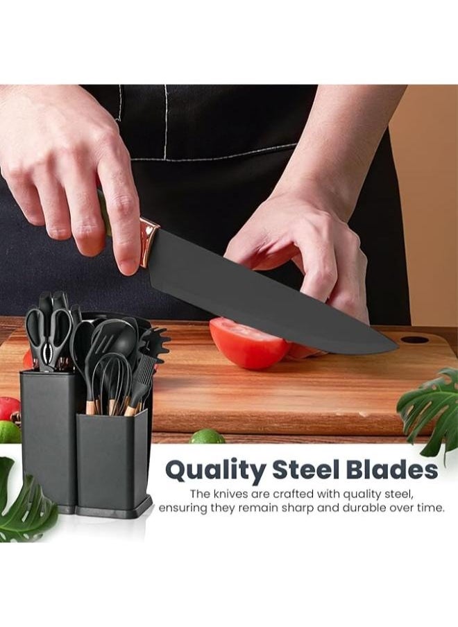 Premium Black Silicone Cooking Utensils, Non-stick Kitchen Utensil Set, Wooden Handle Non Toxic BPA FreeKitchen Utensil Set 19 Piece  Cooking Tools Kit Includes Knives, Spatulas, Spoons, Ladles for Professional Chefs or Home Cooks