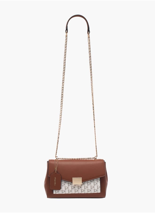 Women Monogram Print Crossbody Bag with Chain Strap and Flap Closure