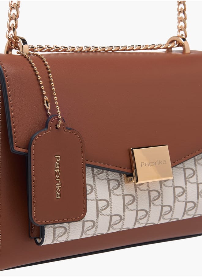 Women Monogram Print Crossbody Bag with Chain Strap and Flap Closure