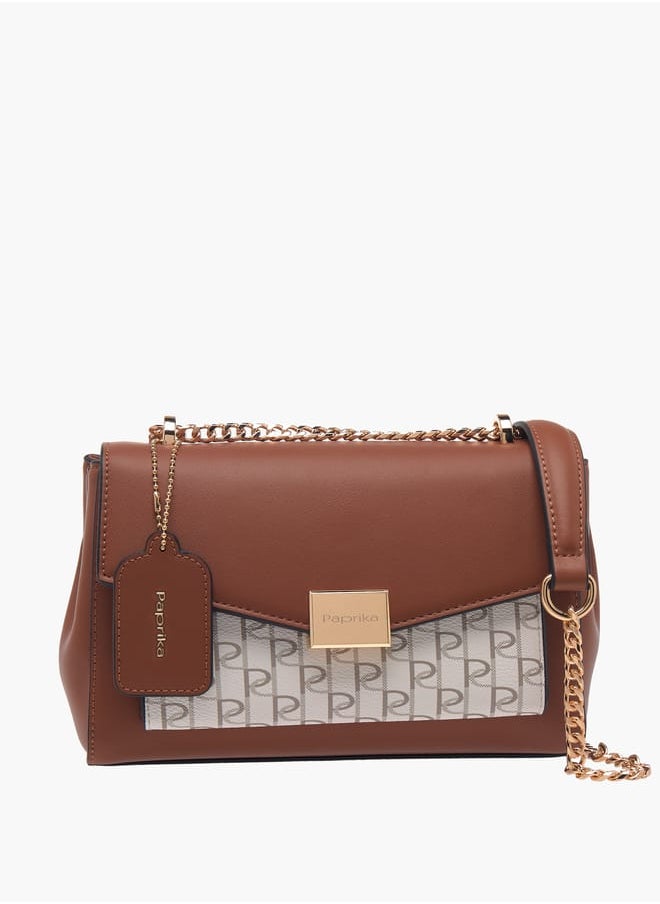 Women Monogram Print Crossbody Bag with Chain Strap and Flap Closure