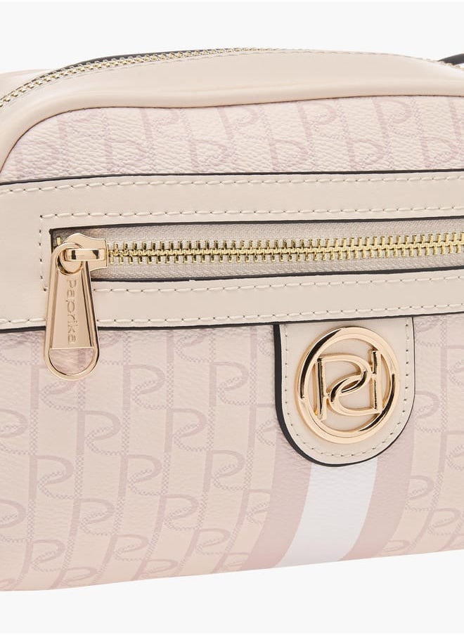 Women's Monogram Print Crossbody Bag with Adjustable Strap and Zip Closure