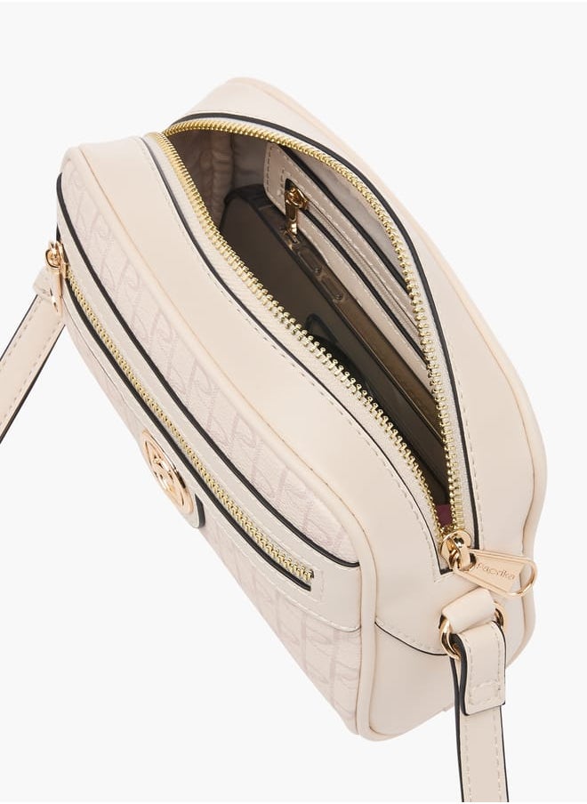 Women's Monogram Print Crossbody Bag with Adjustable Strap and Zip Closure