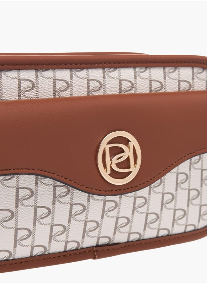 Women Monogram Print Crossbody Bag with Adjustable Strap and Zip Closure
