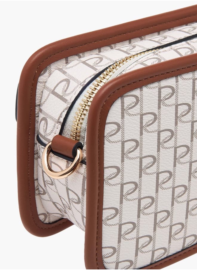 Women Monogram Print Crossbody Bag with Adjustable Strap and Zip Closure
