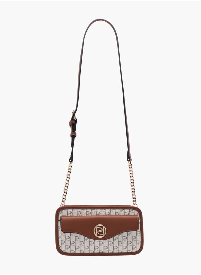 Women Monogram Print Crossbody Bag with Adjustable Strap and Zip Closure