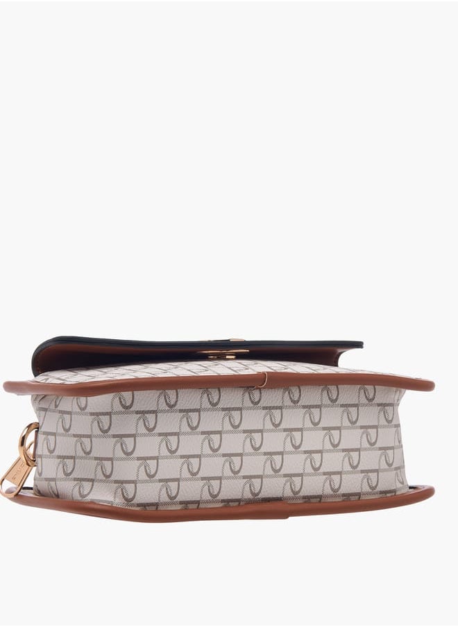 Women Monogram Print Crossbody Bag with Adjustable Strap and Zip Closure