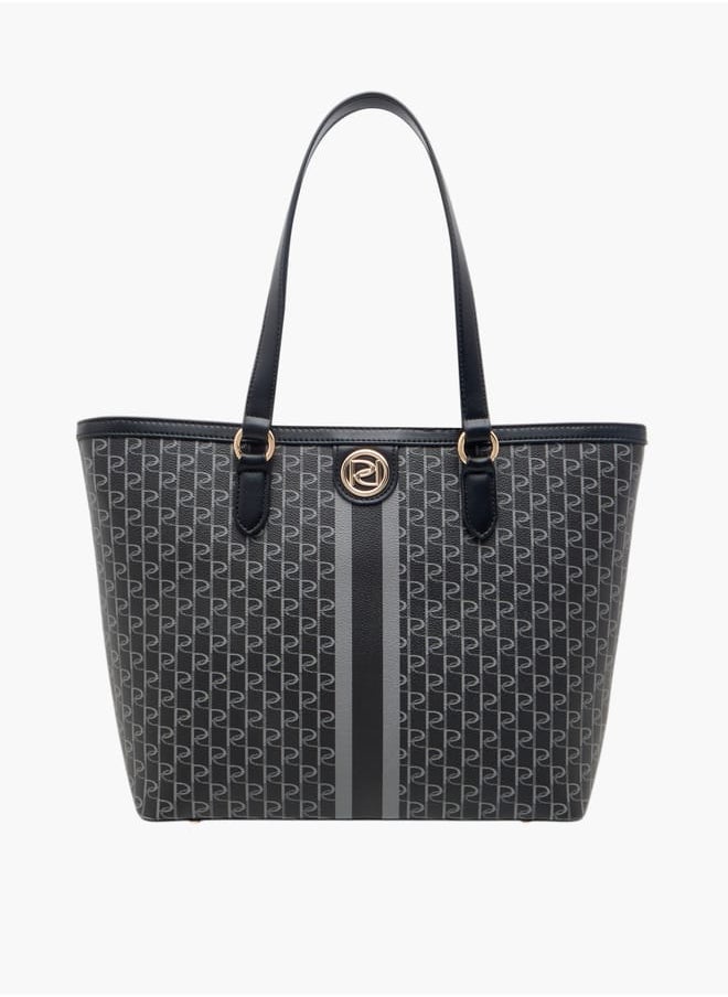 Women's Monogram Print Tote Bag with Double Handle and Zip Closure