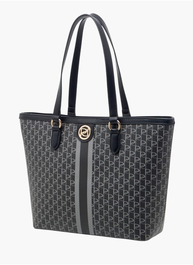 Women's Monogram Print Tote Bag with Double Handle and Zip Closure