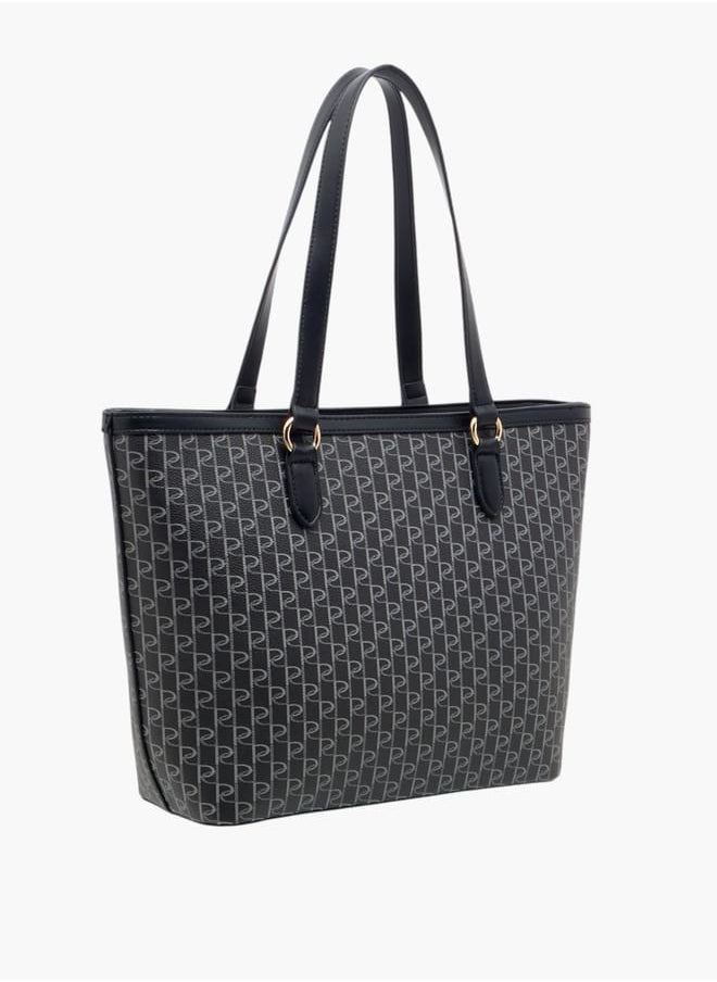 Women's Monogram Print Tote Bag with Double Handle and Zip Closure