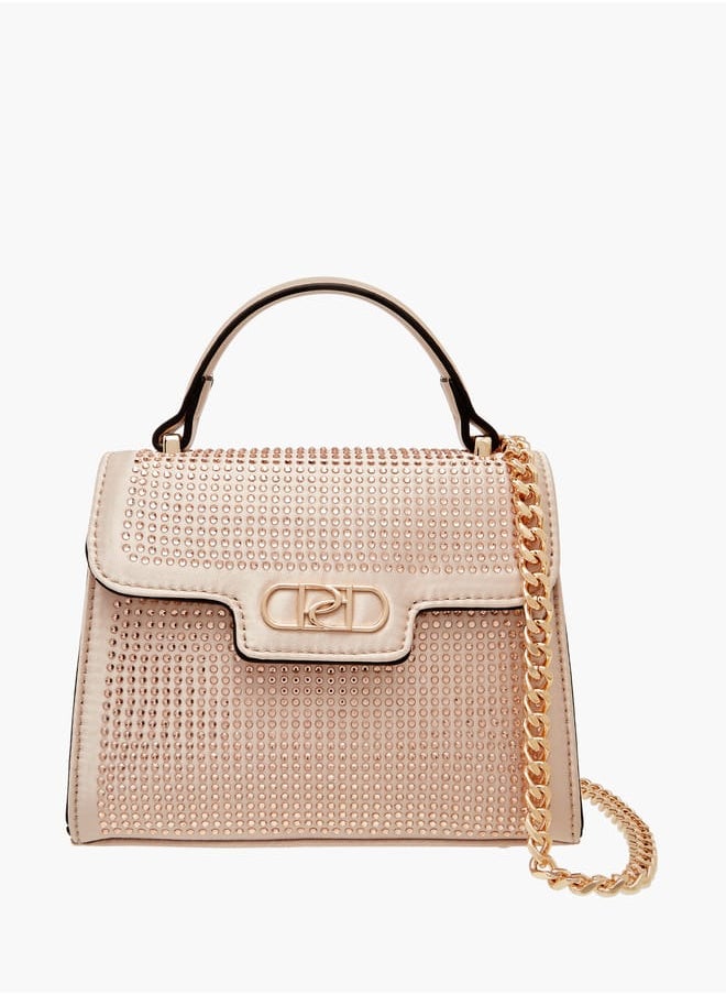Women's Embellished Satchel Bag with Detachable Chain Strap and Flap Closure