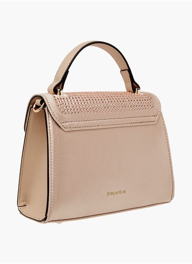 Women's Embellished Satchel Bag with Detachable Chain Strap and Flap Closure