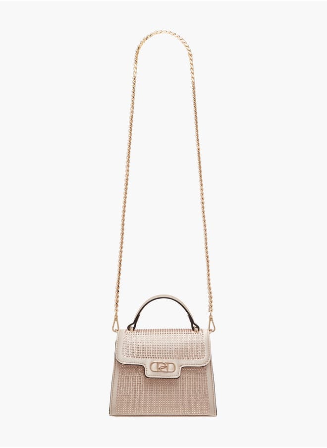 Women's Embellished Satchel Bag with Detachable Chain Strap and Flap Closure