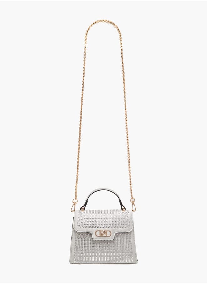 Women's Embellished Satchel Bag with Detachable Chain Strap and Flap Closure