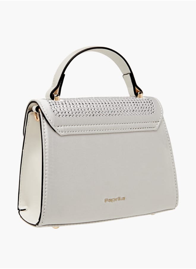 Women's Embellished Satchel Bag with Detachable Chain Strap and Flap Closure