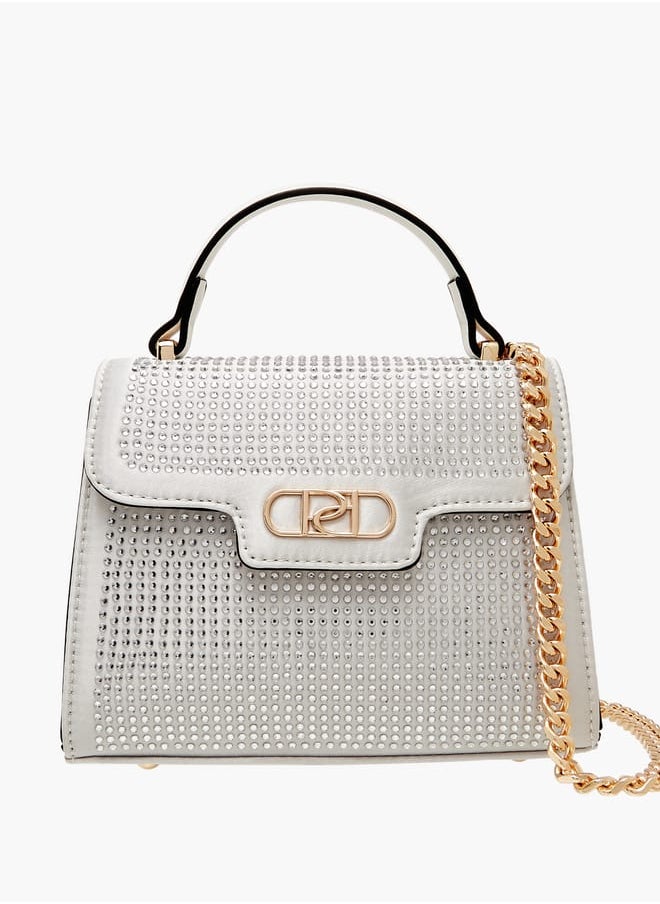 Women's Embellished Satchel Bag with Detachable Chain Strap and Flap Closure
