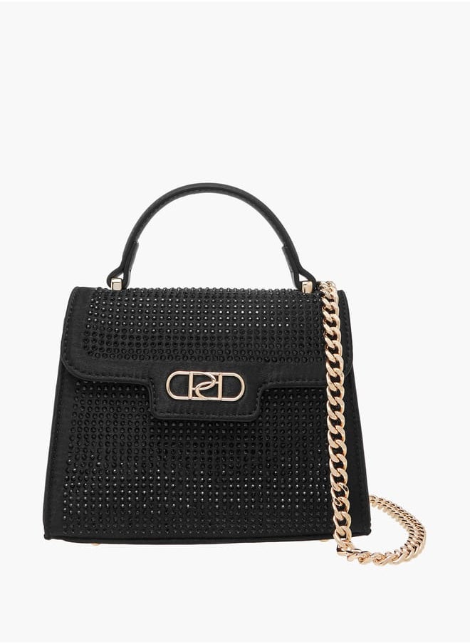 Women's Embellished Satchel Bag with Detachable Chain Strap and Flap Closure