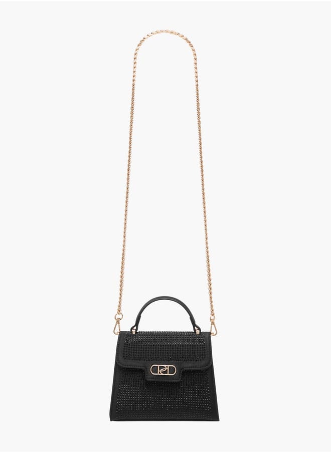 Women's Embellished Satchel Bag with Detachable Chain Strap and Flap Closure
