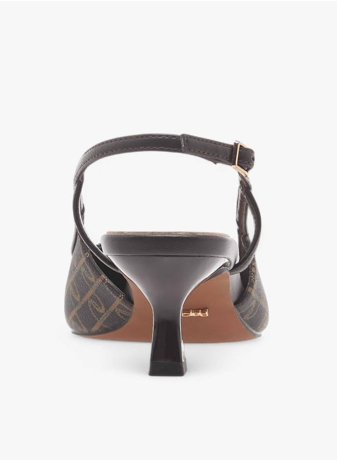 Women's Monogram Print Slingback Shoes with Kitten Heels and Buckle Closure