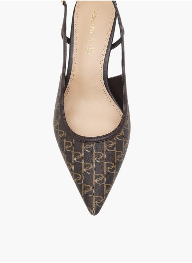 Women's Monogram Print Slingback Shoes with Kitten Heels and Buckle Closure