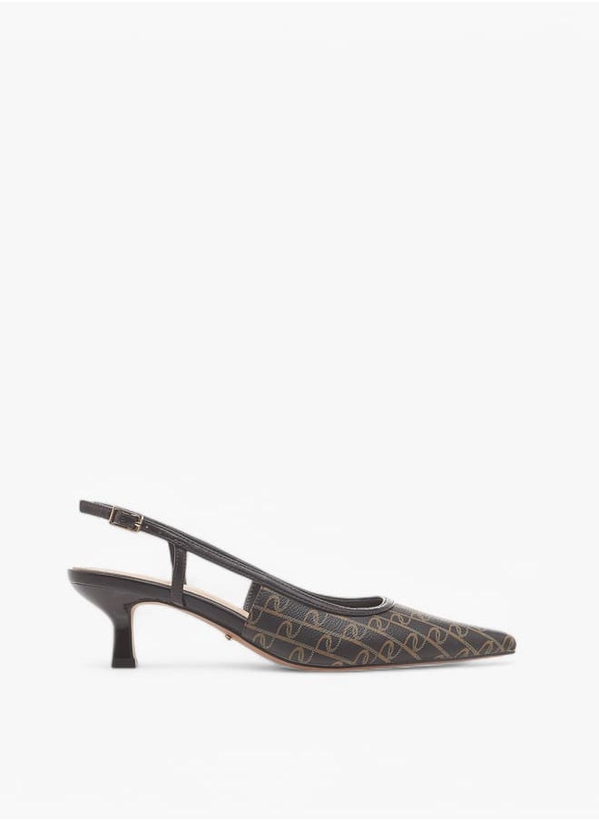Women's Monogram Print Slingback Shoes with Kitten Heels and Buckle Closure