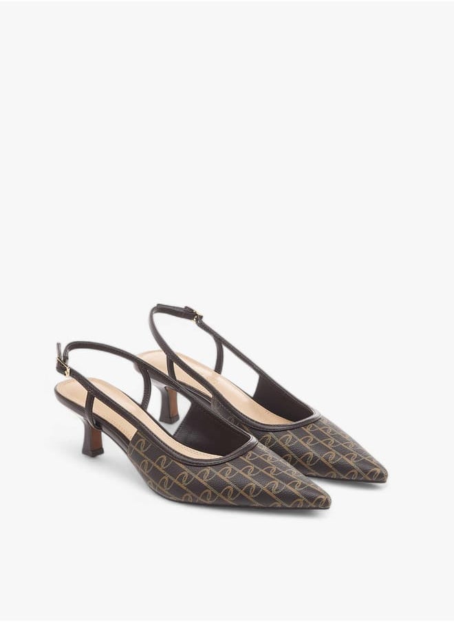 Women's Monogram Print Slingback Shoes with Kitten Heels and Buckle Closure
