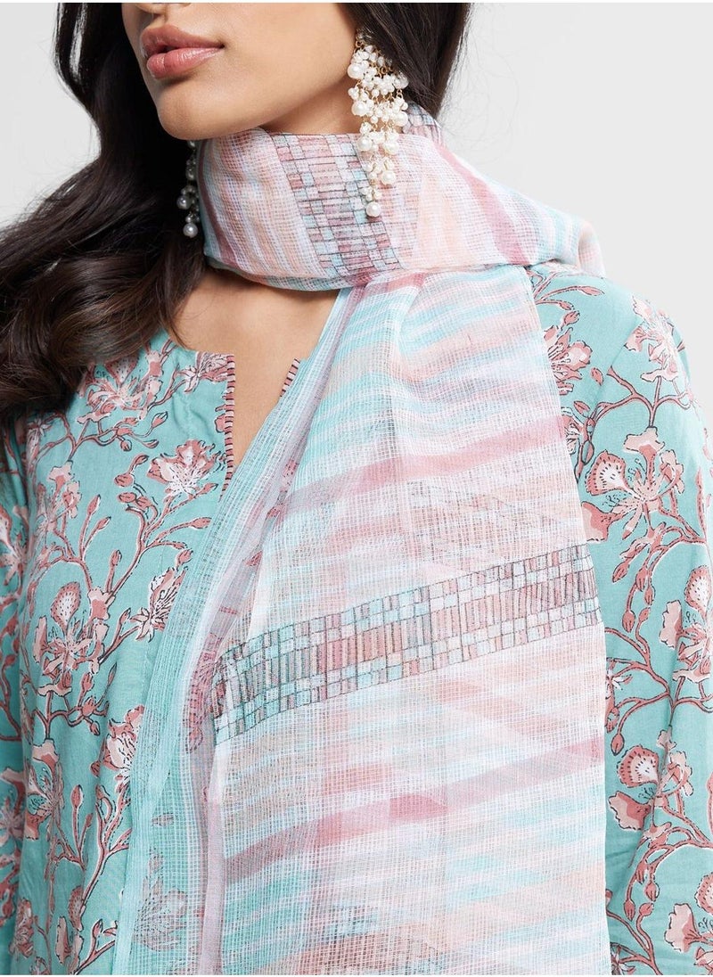 V-Neck Floral Print 2Pc Kurta Set