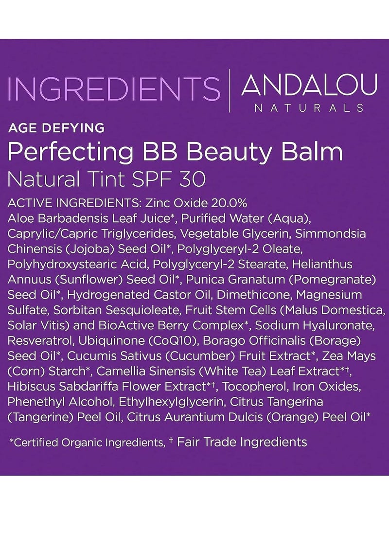 Andalou Naturals Perfecting BB Beauty Balm Natural Tinted Moisturizer with SPF 30, 2-in-1 BB Cream & Face Sunscreen with Broad Spectrum Protection, Mineral Sunscreen with Non-Nano Zinc Oxide, 2 Fl Oz