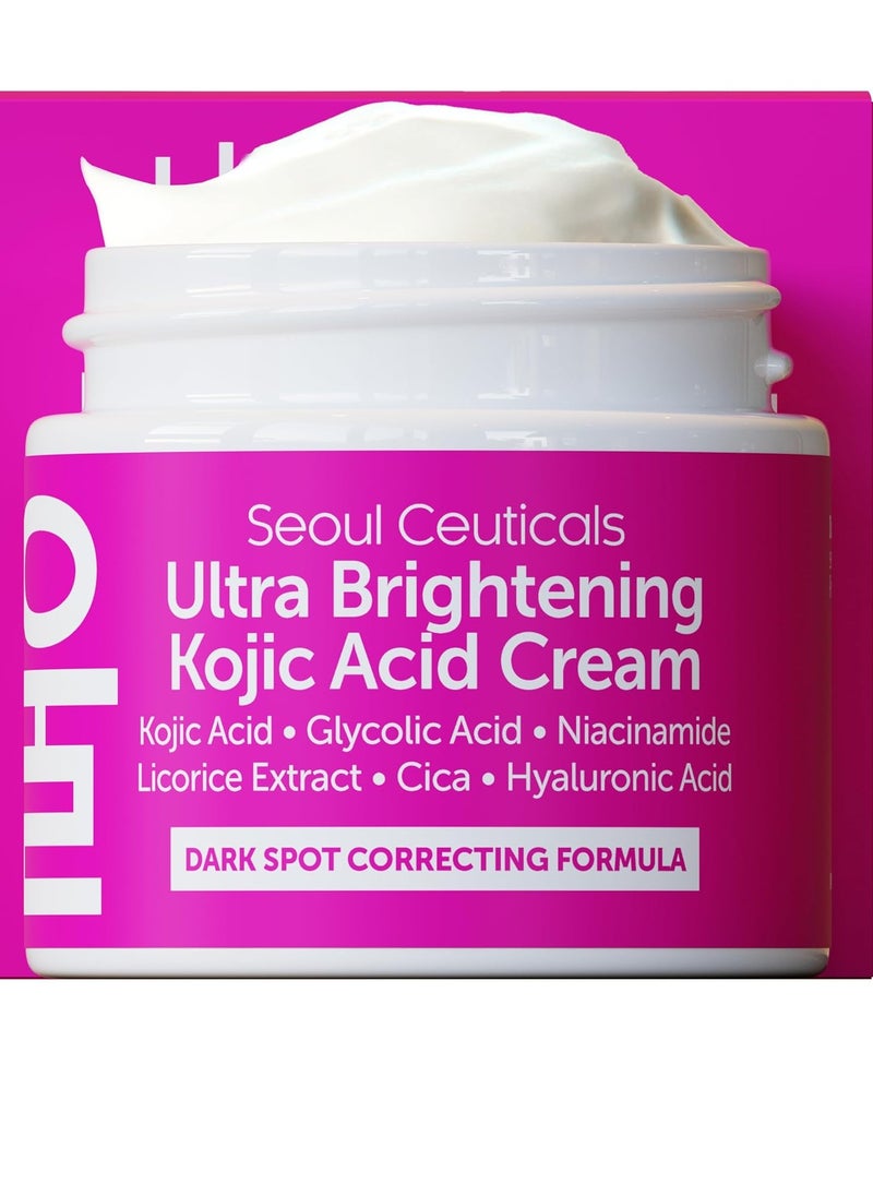 SeoulCeuticals Korean Kojic Acid Cream Dark Spot Remover + Glycolic Acid + Niacinamide + Cica + HA Moisturizer - Cruelty Free K Beauty Skincare 2oz