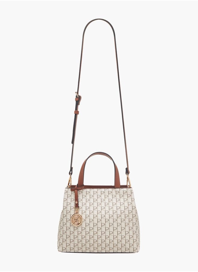 Women's Monogram Print Tote Bag with Double Handle and Zip Closure
