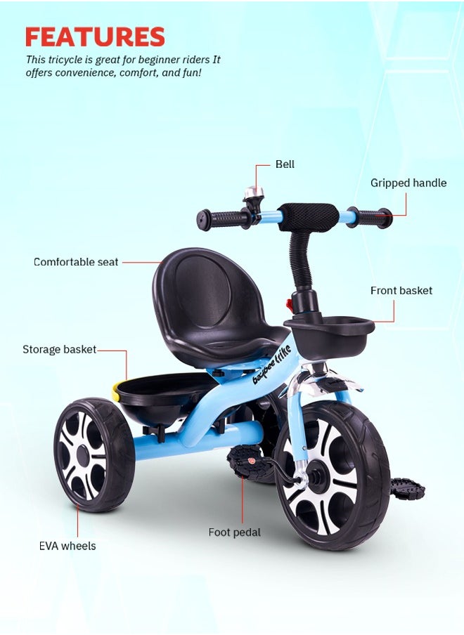 Baybee Coaster Tricycle for Kids Baby Smart Plug and Play Kids Tricycle Cycle with Front u0026 Rear Storage Baskets 3 Wheels Tricycle Bicycle Baby Tricycle Cycle for Kids 2 to 5 Years Boy Girl Blue