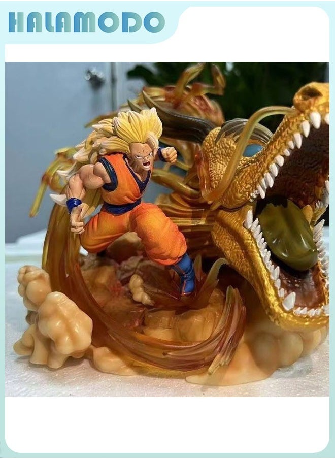 Dragon Ball 27 cm Super Saiyan Three Goku with Dragon Fist - Blasting Scene A Cool Anime Model for Desk Display and Present