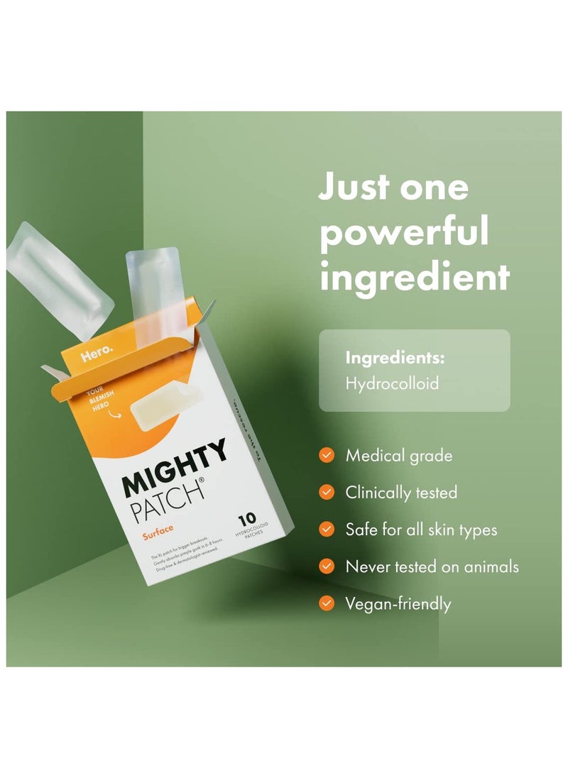 Surface - Hydrocolloid Large Acne Pimple Patch Spot Treatment (10 count) for Body and Larger Breakouts on Cheek, Forehead, Chin, Vegan, Cruelty-Free, 50% Better Absorption