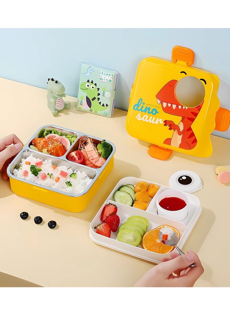 Twisoo Kids Lunch Box Stainless Steel Insulated – Double Decker Leakproof Bento Box with Spoon, Soup Bowl, Dishwasher Safe, Durable, Perfect for School or Travel 1120ml (Dino New Yellow)