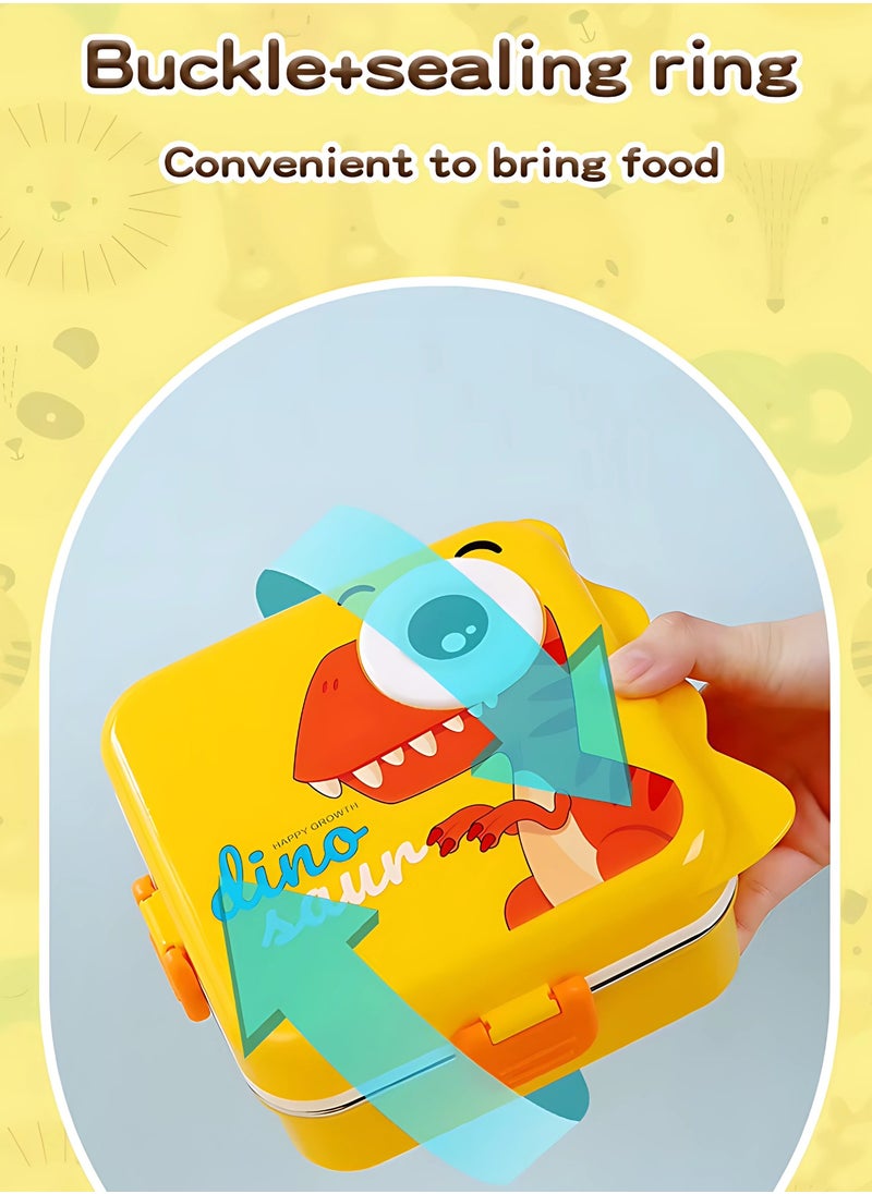 Twisoo Kids Lunch Box Stainless Steel Insulated – Double Decker Leakproof Bento Box with Spoon, Soup Bowl, Dishwasher Safe, Durable, Perfect for School or Travel 1120ml (Dino New Yellow)