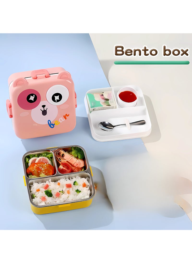 Twisoo Kids Lunch Box Stainless Steel Insulated – Double Decker Leakproof Bento Box with Spoon, Soup Bowl, Dishwasher Safe, Durable, Perfect for School or Travel 1120ml (Bear Pink)