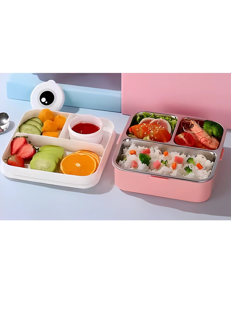 Twisoo Kids Lunch Box Stainless Steel Insulated – Double Decker Leakproof Bento Box with Spoon, Soup Bowl, Dishwasher Safe, Durable, Perfect for School or Travel 1120ml (Bear Pink)
