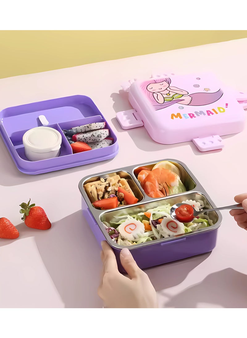 Twisoo Kids Lunch Box Stainless Steel Insulated – Double Decker Leakproof Bento Box with Spoon, Soup Bowl, Dishwasher Safe, Durable, Perfect for School or Travel 1120ml (Mermaid Pink)