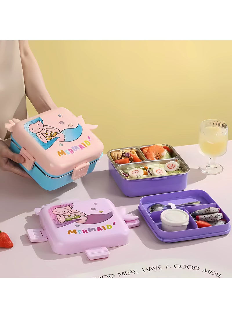 Twisoo Kids Lunch Box Stainless Steel Insulated – Double Decker Leakproof Bento Box with Spoon, Soup Bowl, Dishwasher Safe, Durable, Perfect for School or Travel 1120ml (Mermaid Pink)