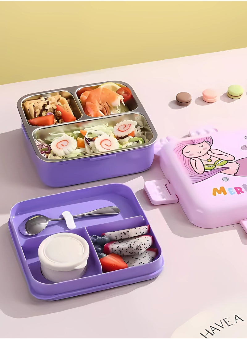 Twisoo Kids Lunch Box Stainless Steel Insulated – Double Decker Leakproof Bento Box with Spoon, Soup Bowl, Dishwasher Safe, Durable, Perfect for School or Travel 1120ml (Mermaid Pink)